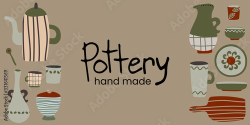 Hand made pottery vector background for home and restaurant, hand made shop.   Ceramics or pottery banner to promote your studio. Hand drawn flat wallpaper.