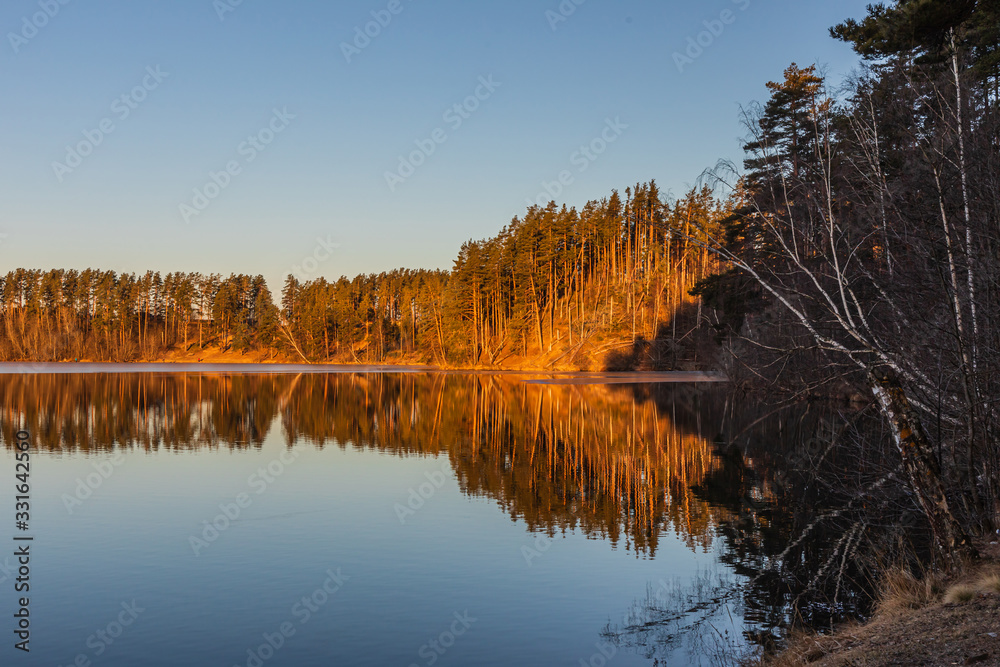Beautiful landscape of morning dawn on a forest lake.