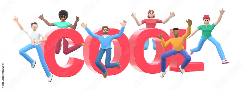 The word cool on a white background. Group of young multicultural happy people jump and dance together. Horizontal banner cartoon character and website slogan. 3D rendering. The word cool on a white background. Group of young multicultural happy people jump and dance together. Horizontal banner cartoon character and website slogan. 3D rendering.