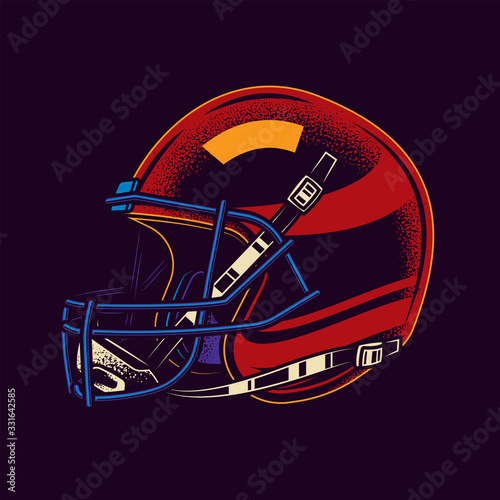 Original neon vector illustration. American football ball in retro style.. American football helmet in retro style.