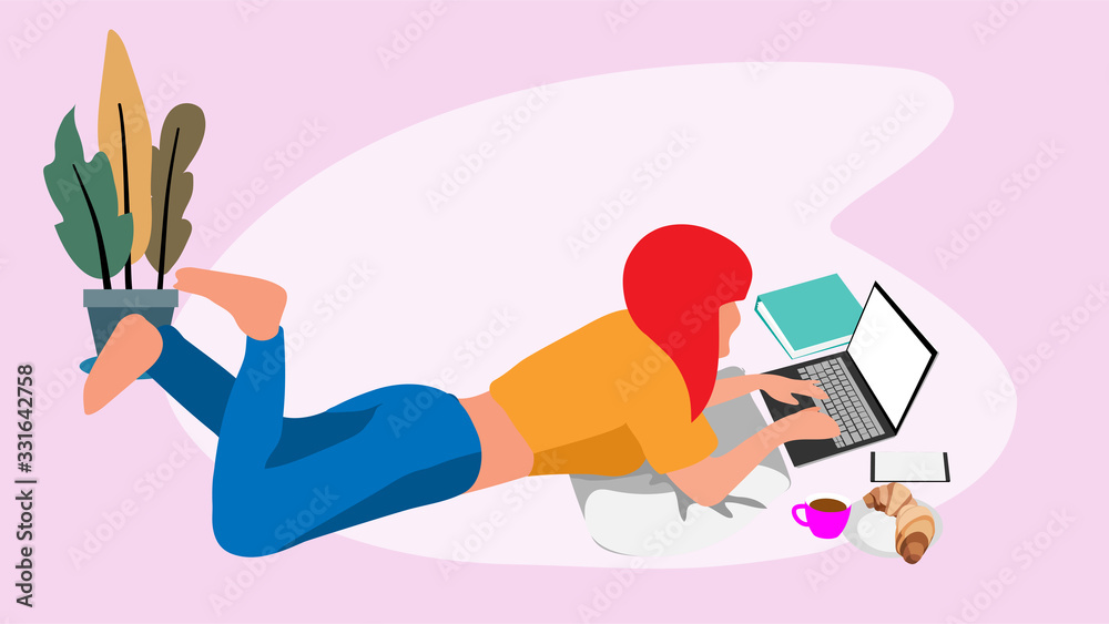 The minimal cartoon illustration picture of a woman working from home. ( vector ) The minimal cartoon illustration picture of a woman working from home. ( vector )