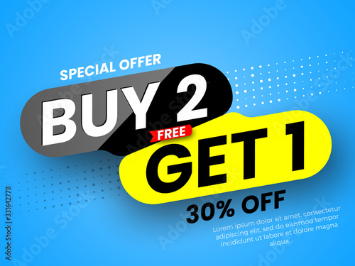 Special offer buy 2, free get 1 sale banner. Vector illustration.