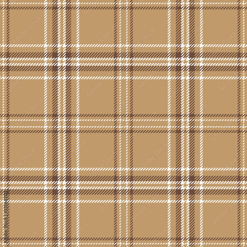 Brown plaid pattern. Scottish seamless tartan check plaid texture in brown,  sand beige, and white for modern autumn fabric design. Stock Vector