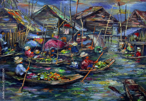 Art painting Oil color Floating market Thai land