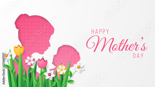 Happy mother's day greeting card with flowers and grass papercut style. Vector illustration.