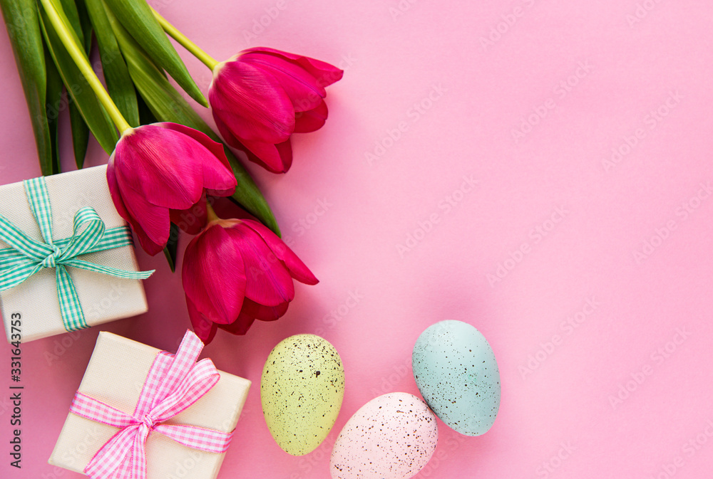 Decorative Easter eggs and tulips