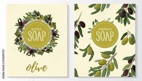 Background with handmade olive soap. Seamless pattern. Organic cosmetic natural soap.