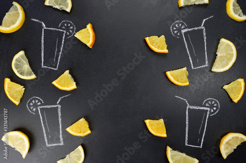Pattern of lemon and orange. Citrus Juice Drawing, Top View