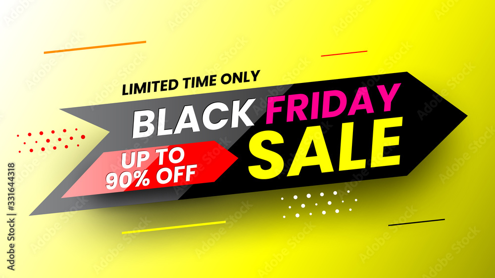 Black friday sale banner with stripes and dots on yellow background. Vector illustration.