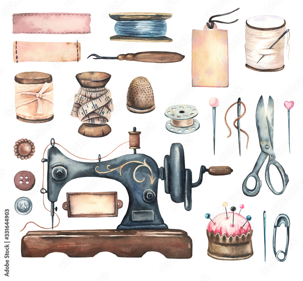 Watercolor hand painted sewing collection sewing machine, ribbons