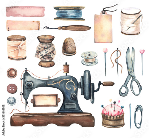 Watercolor hand painted sewing collection- sewing machine, ribbons, needle, thread, scissors in vintageretro stile. Set of sewing elements. Big collection watercolor sewing elements. 
