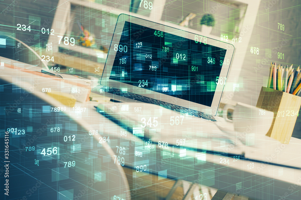 Double exposure of desktop with personal computer on background and tech theme drawing. Concept of Bigdata. Double exposure of desktop with personal computer on background and tech theme drawing. Concept of Bigdata.