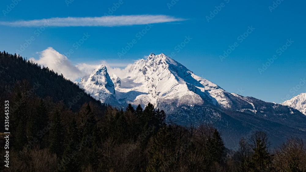 Beautiful winter landscape with the Watzmann summit in the background near Berchtesgaden, Bavaria, Germany