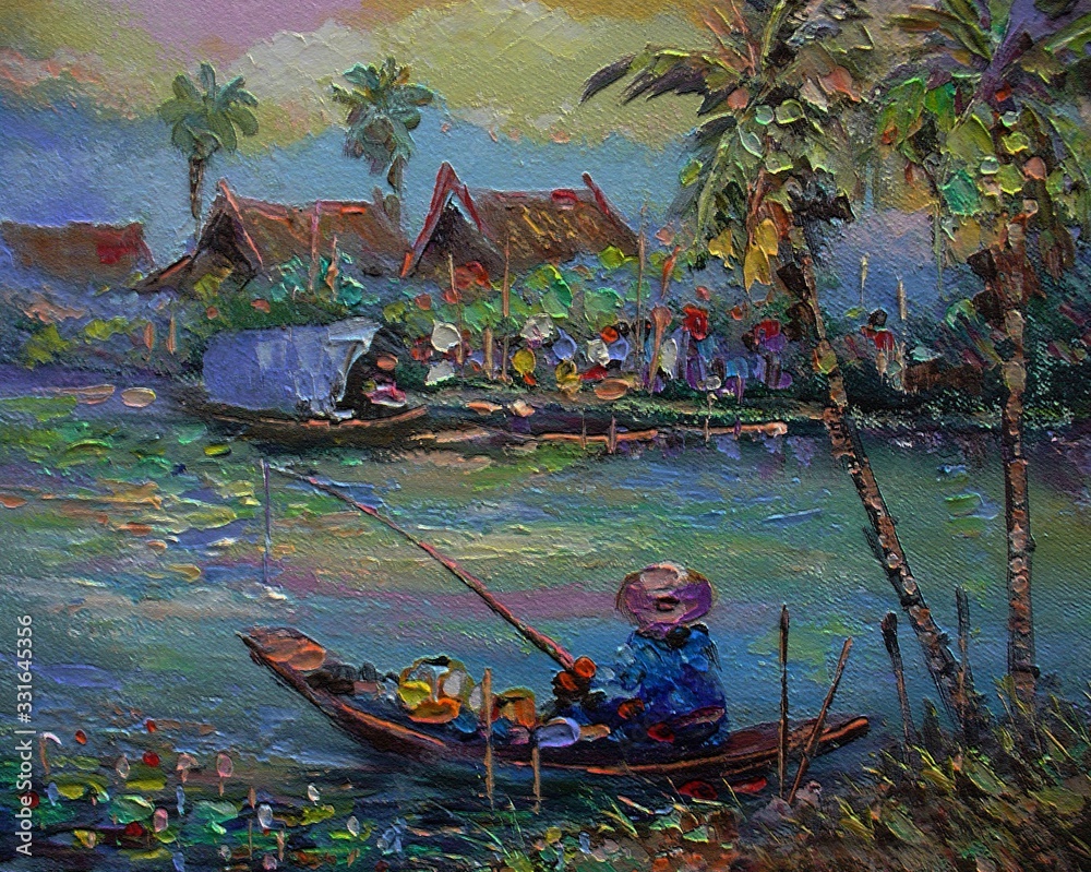 Art painting Oil color Floating market Thai land  , Countryside