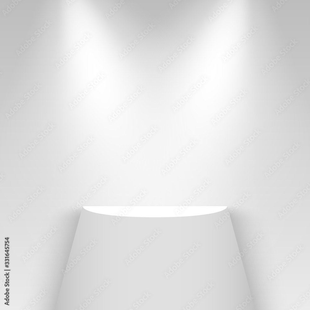 White exhibition stand, illuminated by spotlights. Shelf. Pedestal ...