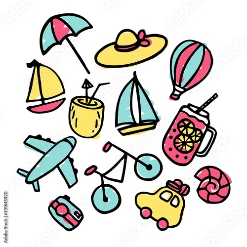 Colorful summer set with hand drawn elements. Vector