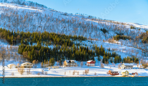 Kvaløya, Tromsø Municipality / Norway - March 4th, 2020: Traditional Arctic wooden houses on the banks of a fjord in winter in a sunny day