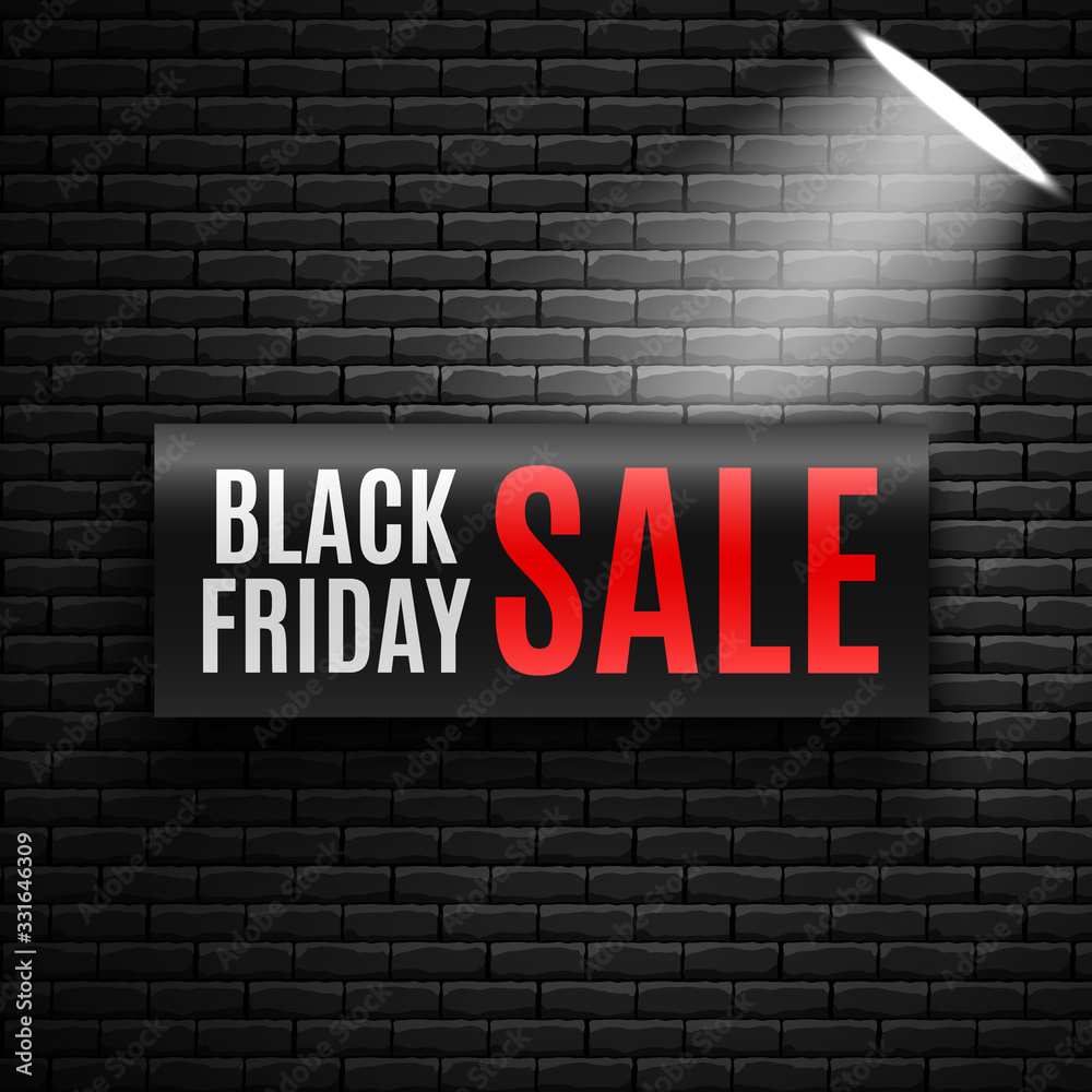 Fototapeta premium Black friday sale banner with spotlight on brick wall. Vector illustration.