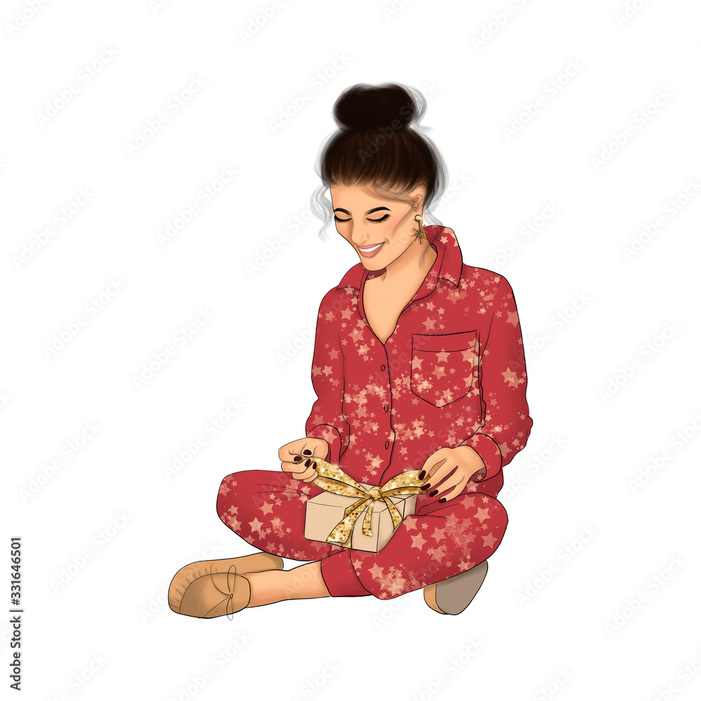 Brunette Girl In Red With Golden Stars Pajama Isolated On A White Background Hand Drawn Illustration Brunette Girl In Red With Golden Stars Pajama Isolated On A White Background Hand Drawn Illustration