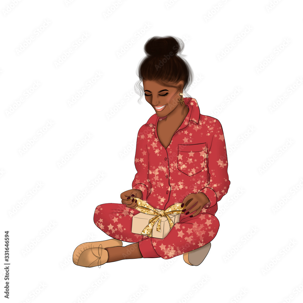Black Hair African American Girl In Red With Golden Stars Pajama Isolated On A White Background Hand Drawn Illustration Black Hair African American Girl In Red With Golden Stars Pajama Isolated On A White Background Hand Drawn Illustration