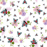 Six spot burnet butterfly seamless vector pattern background. Day flying moth meadow flower backdrop. Scottish coastal insect design. All over print for Scotland summer vacation,wildlife concept