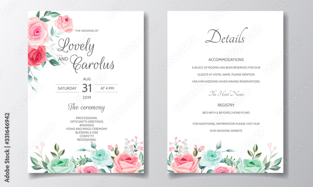 Elegant wedding invitation card set template with beautiful floral and leaves