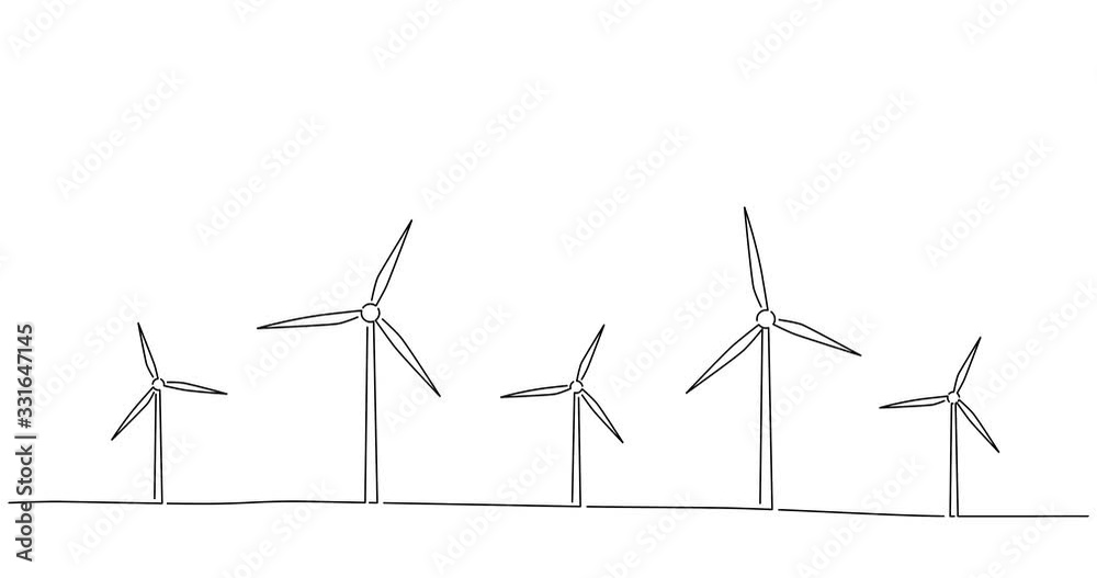 Windmills line drawing, animated illustration design. Climate change collection.