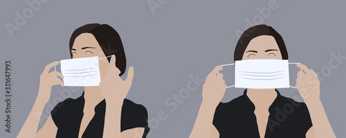 Realistic illustration of a young woman putting on a medical mask