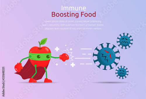 Funny cartoon character of apple superhero fight against outbreak viruses and bacteria. Power of immune boosting food concept to fight disease. vector illustration