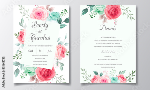 Elegant wedding invitation card set template with beautiful floral and leaves © mariadeta
