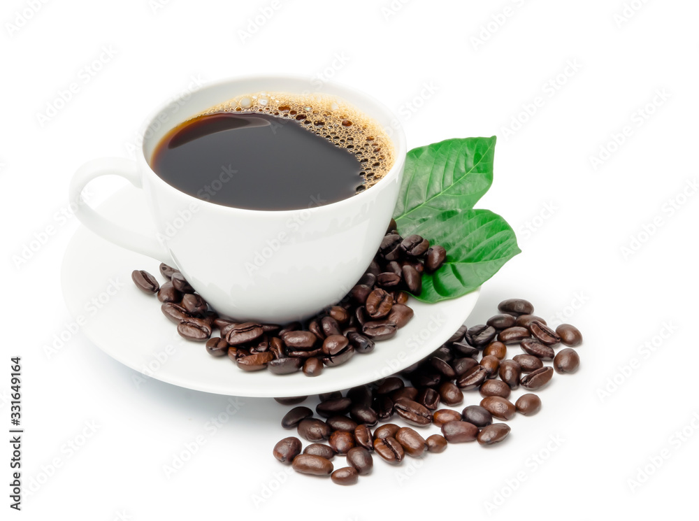 white coffee cup isolated on white background with roasted coffee beans and fresh green leaf white coffee cup isolated on white background with roasted coffee beans and fresh green leaf