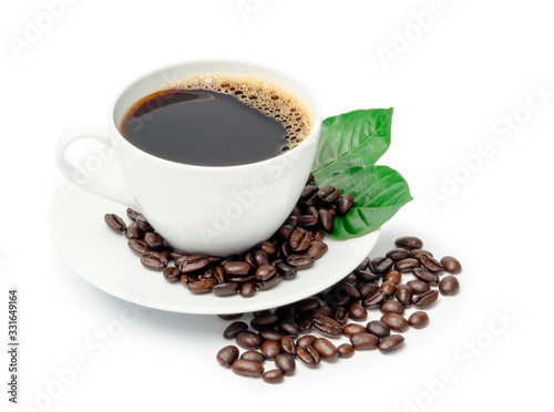 white coffee cup isolated on white background with roasted coffee beans and fresh green leaf
