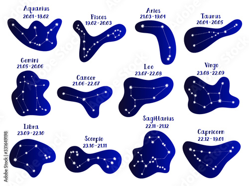 Set of 12 cute vector zodiacal constellations. Collection of 12 zodiac signs with titles. Aries, Taurus, Leo, Gemini, Virgo, Scorpio, Libra, Aquarius, Sagittarius, Pisces, Capricorn, Cancer. 