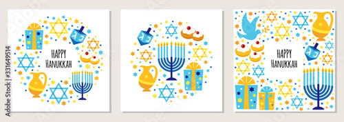 Cute set of Happy Hanukkah, Festival of Lights backgrounds in flat style