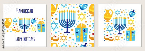 Cute set of Happy Hanukkah, Festival of Lights backgrounds in flat style