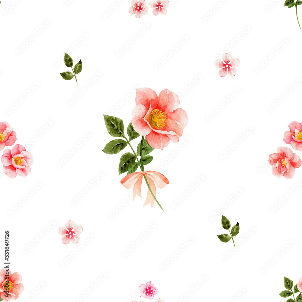 Seamless pattern pink rose. Hand draw spring flowers and colorful drops isolated on white background. Blossom lovely rose for print on paper, textile, book, dishes, dress, box, wedding card, case.