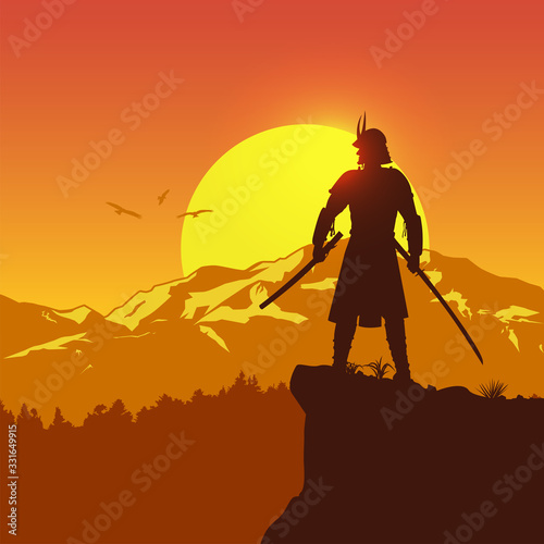 Silhouette of Japanese samurai with sword standing on top of a hill at sunset, Vector