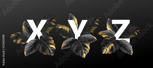 Alphabet letters in black with golden exotic tropical leaves of plants. Luxurious design concept for advertising, booklets, posters, flyers. Vector illustration