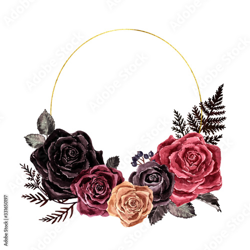 Watercolor dark roses floral border, vintage victorian gothic style. Burgundy...