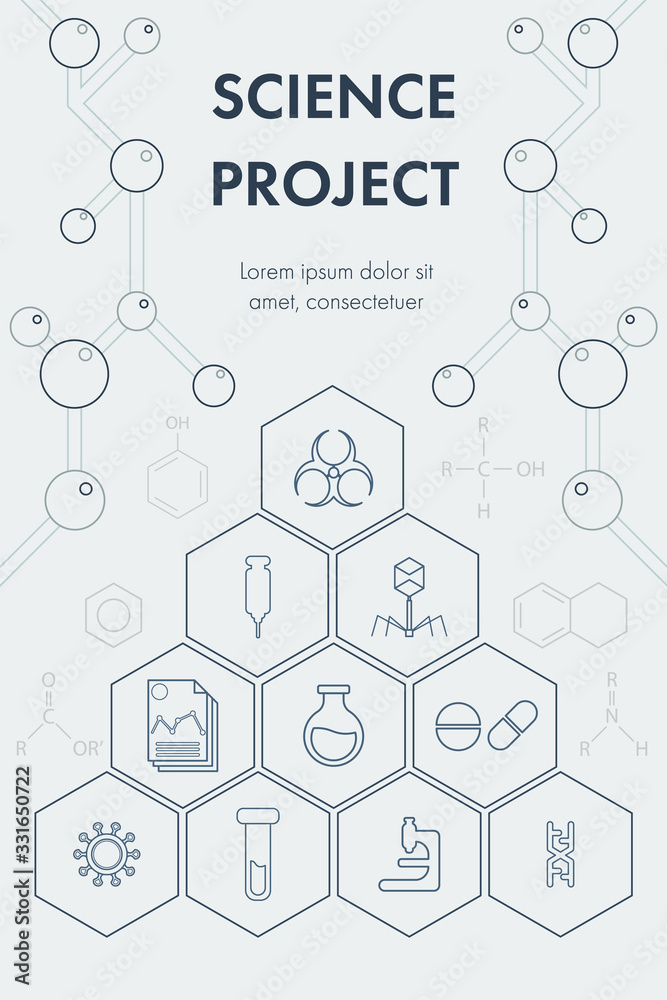 Science poster outline and monochrome design with molecular structure, organic chemistry formula and medical icon.