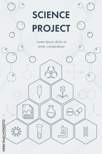 Science poster outline and monochrome design with molecular structure  organic chemistry formula and medical icon.