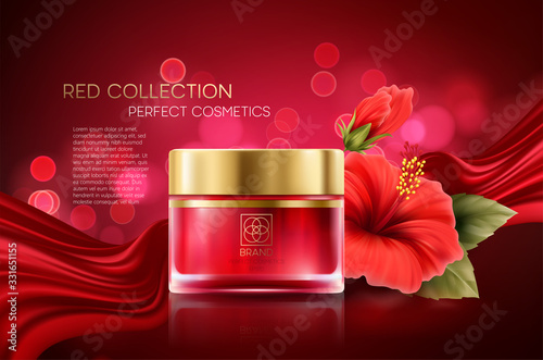 Cosmetics products with luxury collection composition on red blurred bokeh background with hibiscus flower. Vector illustration