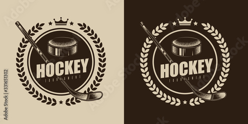 Original vector retro sports emblem. Hockey stick on the background of the puck.