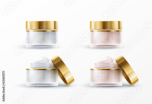 Set of 3d realistic jar for cream isolated on white background. Mockup for product package branding. Vector illustration