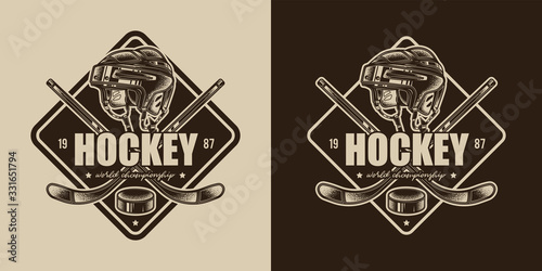 Original vector retro sports emblem. Hockey helmet on the background of sticks and pucks.