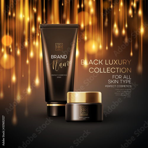 Cosmetics products with luxury collection composition on black blurred bokeh background. Vector illustration