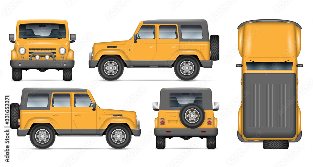 Offroad car vector mockup for vehicle branding, advertising, corporate identity. View from side, front, back, and top. All elements in the groups on separate layers for easy editing and recolor.