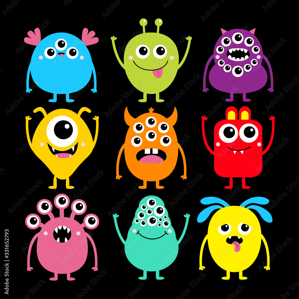 Monster set. Happy Halloween. Cute kawaii cartoon colorful scary funny character icon. Eyes, tongue, hands, horns, fang teeth . Funny baby collection. Isolated. Black background Flat design. Monster set. Happy Halloween. Cute kawaii cartoon colorful scary funny character icon. Eyes, tongue, hands, horns, fang teeth . Funny baby collection. Isolated. Black background Flat design.