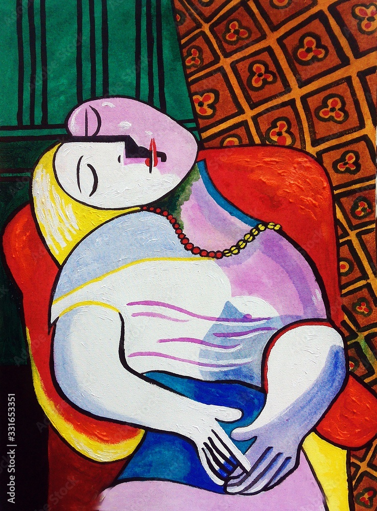 Le Rêve , art girl oil painting The collection of colorful oil paintings is  a background from Thailand , pablo picasso , , geometric shapes ilustração  do Stock