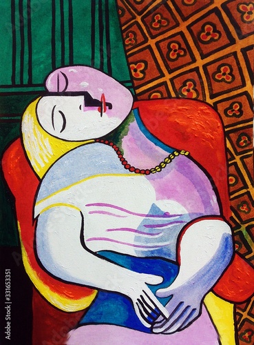 Le Rêve ,  art  girl  oil painting    The collection of colorful oil paintings is a background from Thailand  ,    pablo picasso  ,  , geometric shapes                       